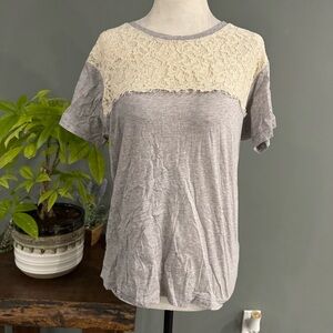 J. Crew Gray and Cream Lace T-Shirt